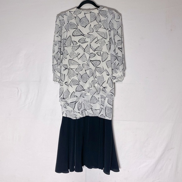 Vintage 90s Cream Black Print Modest Midi Dress M - Picture 2 of 13